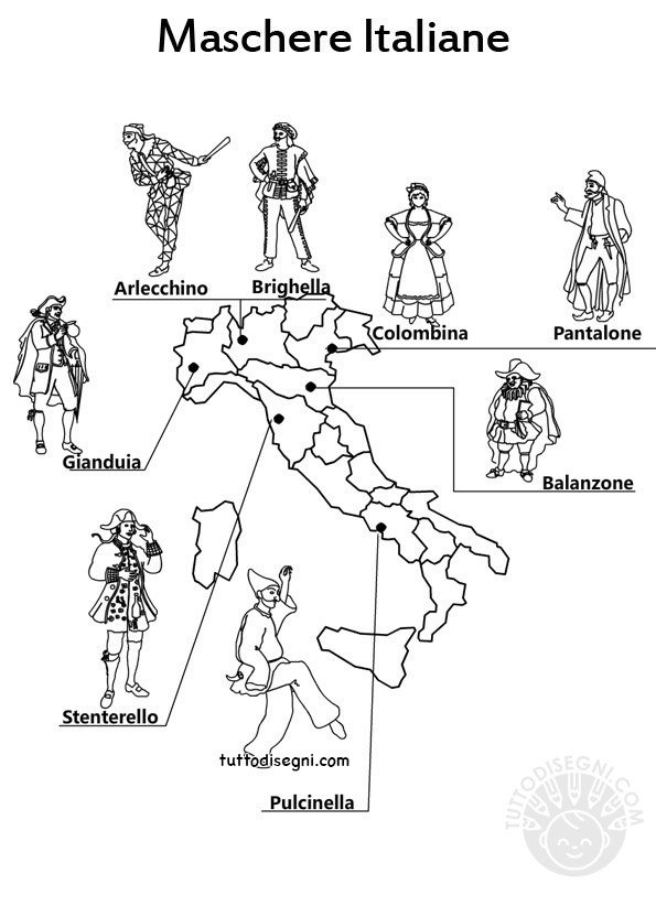 Cartina dell'Italia con le maschere di carnevale